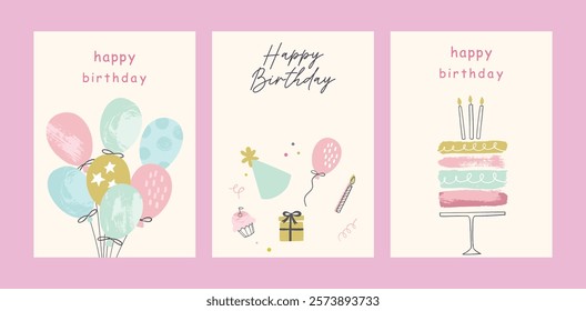 Happy birthday card set. Trendy greeting cards with ruffle cake, helium balloons, party hat, gifts. Cute and elegant vector illustration templates in simple style