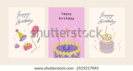 Happy birthday card set. Trendy greeting cards with tired birthday cake, party hat, gifts. Cute and elegant vector illustration templates in simple style