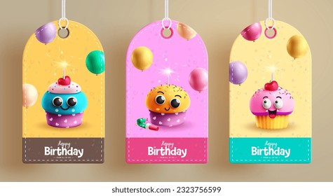 Diseño vector de juego de tarjetas de cumpleaños feliz. Texto de bienvenida de cumpleaños con decoración de dibujos animados para regalo de cumpleaños. Etiqueta de regalo de ilustración de vectores y colección de tarjetas.
