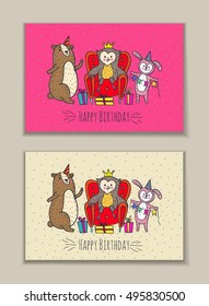 Happy birthday card set. Vector illustrated poster with owl, bear and rabbit characters.