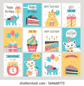 Happy Birthday card set. Vector illustration