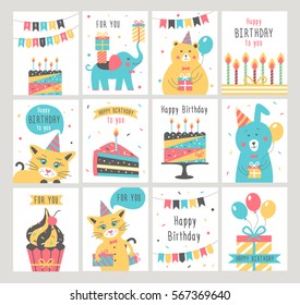 Happy Birthday card set. Vector illustration