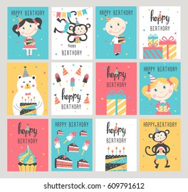 Happy Birthday card set. Vector illustration
