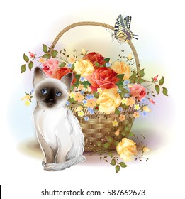 Happy birthday card. Siamese kitten, butterfly and basket with roses. 