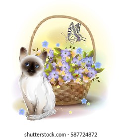 Happy birthday card. Siamese kitten, butterfly and basket with violets. 