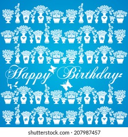 Happy Birthday Card of silhouettes of flowers in pots and vase. Black and White color. Vector  illustration.