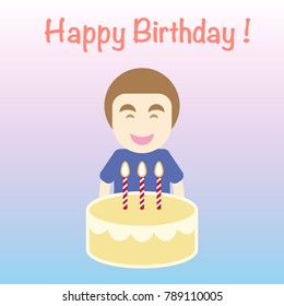 Happy Birthday card , simple flat cartoon vector, the man carry cake with candle