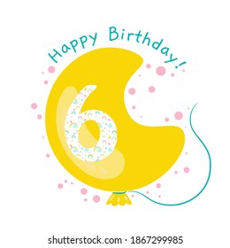 Happy Birthday card for six years old child. Cute illustration of a balloon with number six decorated with rainbows.