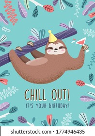 Happy birthday card with a sloth hanging on a tree	