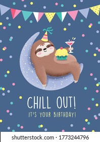 Happy birthday card with a sloth relaxing on a moon	