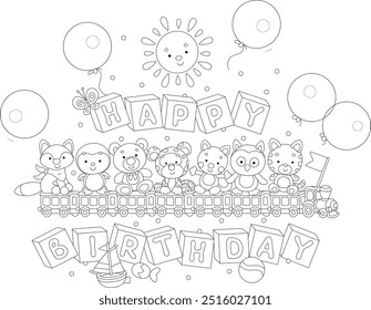 Tarjeta de cumpleaños feliz con un Pequeño tren de juguete, animales divertidos, dulces, globos de vacaciones y cubos de bebé con letras, ilustración de dibujos animados de Vector blanco y negro para un libro para colorear