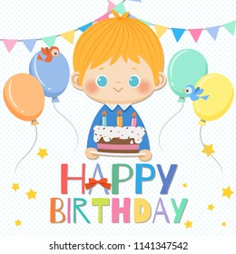Happy Birthday card smiling boy with  cake and birthday elements.Vector illustration.