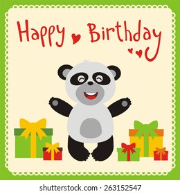 Happy Birthday Card, Smiling Panda with gifts