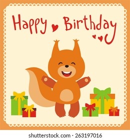 Happy Birthday Card, Smiling Squirrel with  gifts in cartoon style.