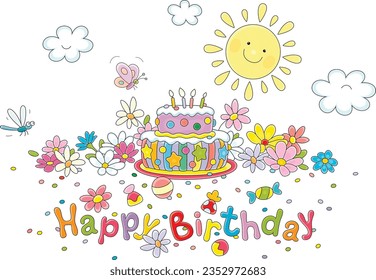 Tarjeta de feliz cumpleaños con un sol sonriente, una mariposa alegre y una libélula divertida volando alrededor de un pastel elegante y flores coloridas bonitas, ilustración vectorial de dibujos animados sobre un fondo blanco