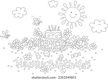 Tarjeta feliz de cumpleaños con un sol sonriente, una mariposa alegre y una libélula divertida volando alrededor de un pastel elegante y flores bonitas, ilustración vectorial de contorno negro y blanco para un libro de colorido