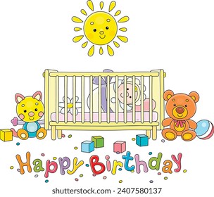 Happy Birthday card with a smiling sun and a cute newborn baby lying in a small cot among funny colorful toys in a nursery, vector cartoon illustration isolated on a white background