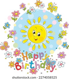 Happy birthday card with a smiling yellow sun and colorful summer flowers with merry butterflies flying around, vector cartoon illustration isolated on a white background