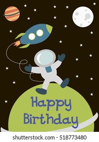Happy Birthday card with space theme. Invitation card for party. Vector illustration