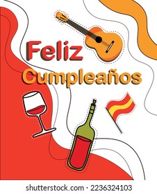 tarjeta de feliz cumpleaños en español, vino, guitarra, españa