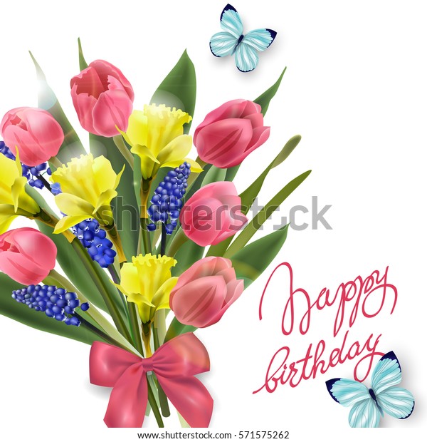 Happy Birthday Card Spring Flowers Tulips Stock Vector Royalty