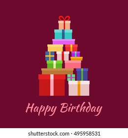 Happy Birthday card with the stack of gifts. Greeting card in a flat design. 