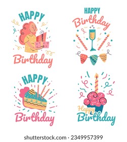Happy birthday card sticker logo party gift label set. Vector flat graphic design illustration