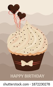 Happy birthday card stylish wavy with cupcake text Happy Birthday in chocolate colour. Creative greeting, poster, postcard. Elegant composition.
