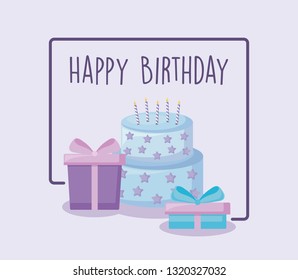 happy birthday card with sweet cake and gift boxes