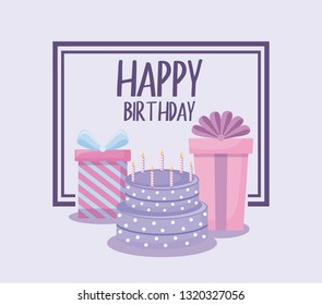 happy birthday card with sweet cake and gift boxes