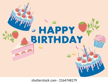 happy birthday card sweet cakes with strawberries and cherry