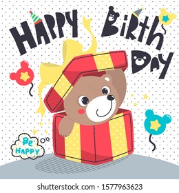 Happy birthday card with teddy bear in a gift box on polka dot background illustration vector.