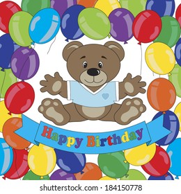 Happy Birthday card. Teddy bear and balloons.