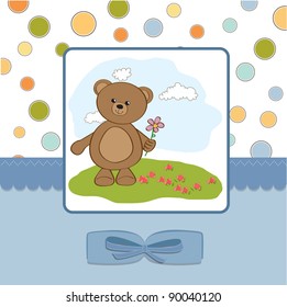 happy birthday card with teddy bear and flower