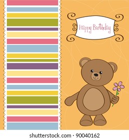 happy birthday card with teddy bear and flower