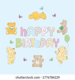 Happy birthday card with teddy bears and butterflies