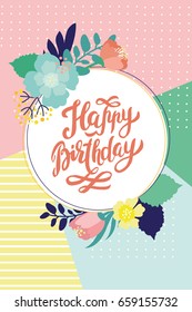 Happy Birthday card temlpate with fantasy flowers and stripes and polka dot background