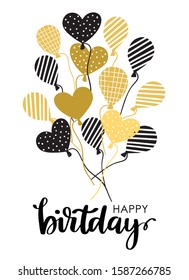 Happy Birthday card template with balloons and lettering text in black and gold colors. Vector illustration for holiday design, poster, banner
