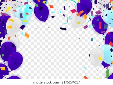 Happy Birthday Card Template with Balloons dark blue and blue, Ribbon Vector Illustration