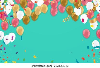 Happy Birthday Card Template with Balloons orange yellow and white, Ribbon Vector Illustration