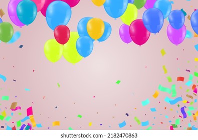 Happy Birthday Card Template with Balloons variety of colors, Ribbon Vector Illustration