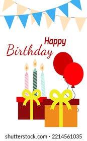 Happy Birthday card template with balloons, candles, gift boxes and party flags. Holiday design. Vector illustration.