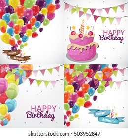 Happy Birthday Card Template with Balloons and Flags Collection Set Vector Illustration EPS10