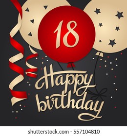 Happy Birthday card template with balloons. 18 years. Vector illustration