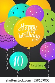 Happy Birthday card template with balloons. 10 years. Vector illustration