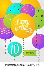 Happy Birthday Card Template With Balloons. 10 Years. Vector Illustration