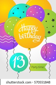 Happy Birthday card template with balloons. 13 years. Vector illustration