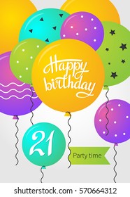 Happy Birthday card template with balloons. 21 years. Vector illustration
