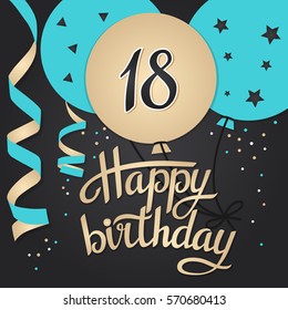 Happy Birthday card template with balloons. 18 years Vector illustration