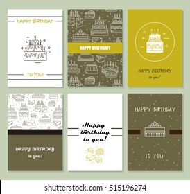 Happy birthday card template. Cake with candle vector icon line background. Sweet dessert illustration. Wedding party invitation celebration food silhouette. Bakery cafe restaurant design menu